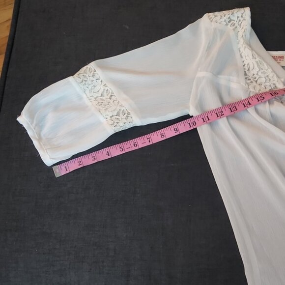 White Chiffon & Lace 3/4 Sleeve Flowy Boho Hippie Cottage Core Peasant Top SzLg - Picture 5 of 8